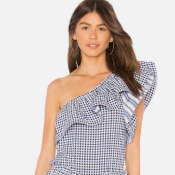 Misa Blouse One Shoulder Top Ruffled Blouse Gingham Plaid  Blue White Size Small - Picture 2 of 10